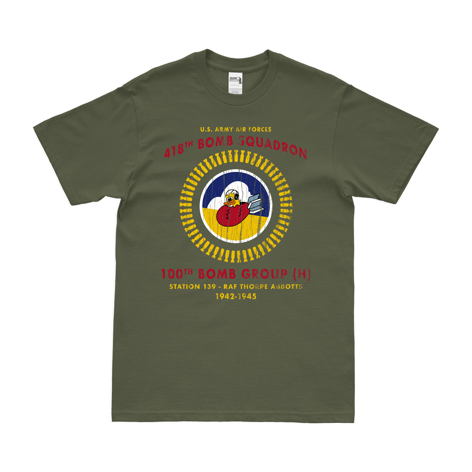 418th Bomb Squadron Since 1942 Legacy T-Shirt Tactically Acquired Military Green Distressed Small