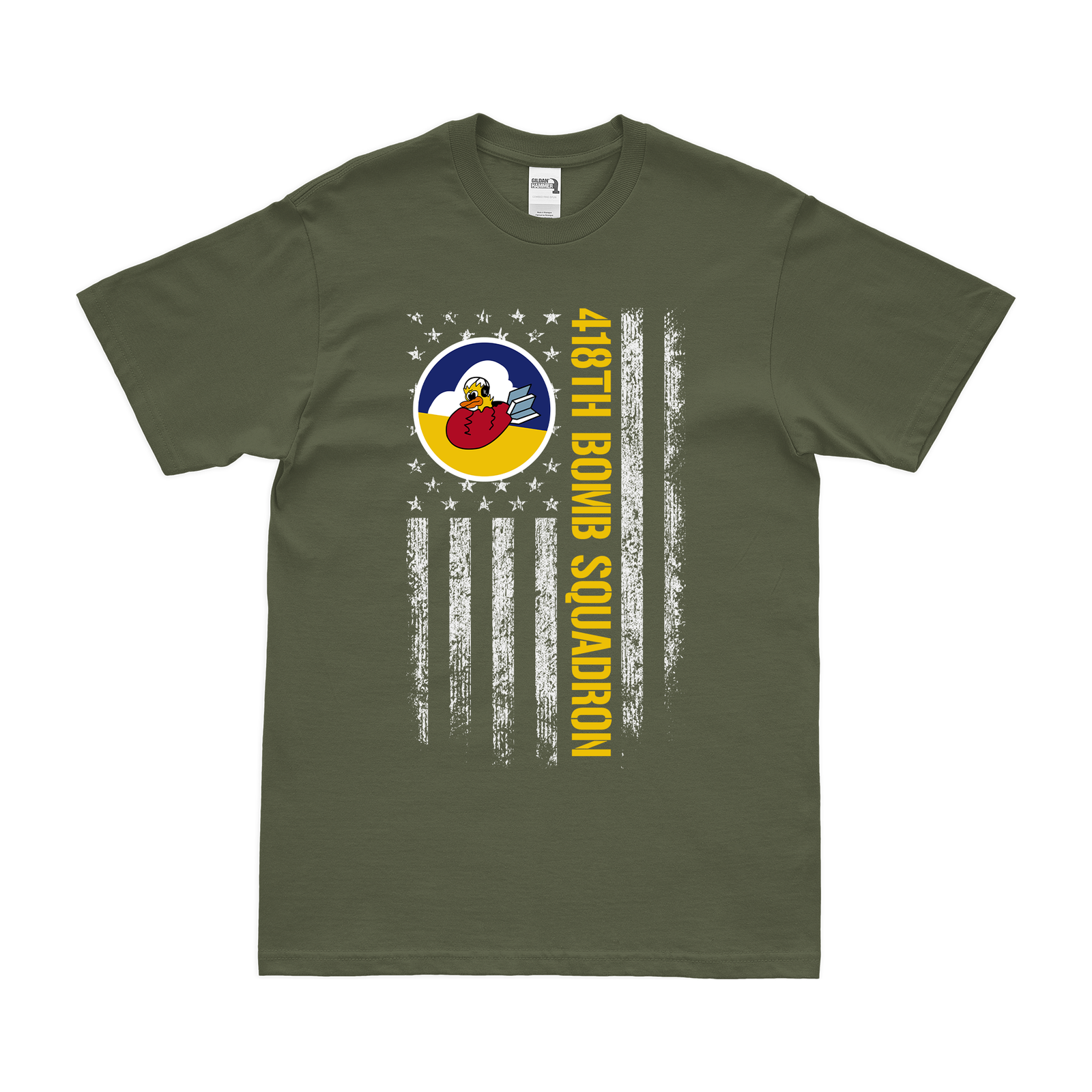 418th Bomb Squadron American Flag T-Shirt Tactically Acquired Military Green Clean Small