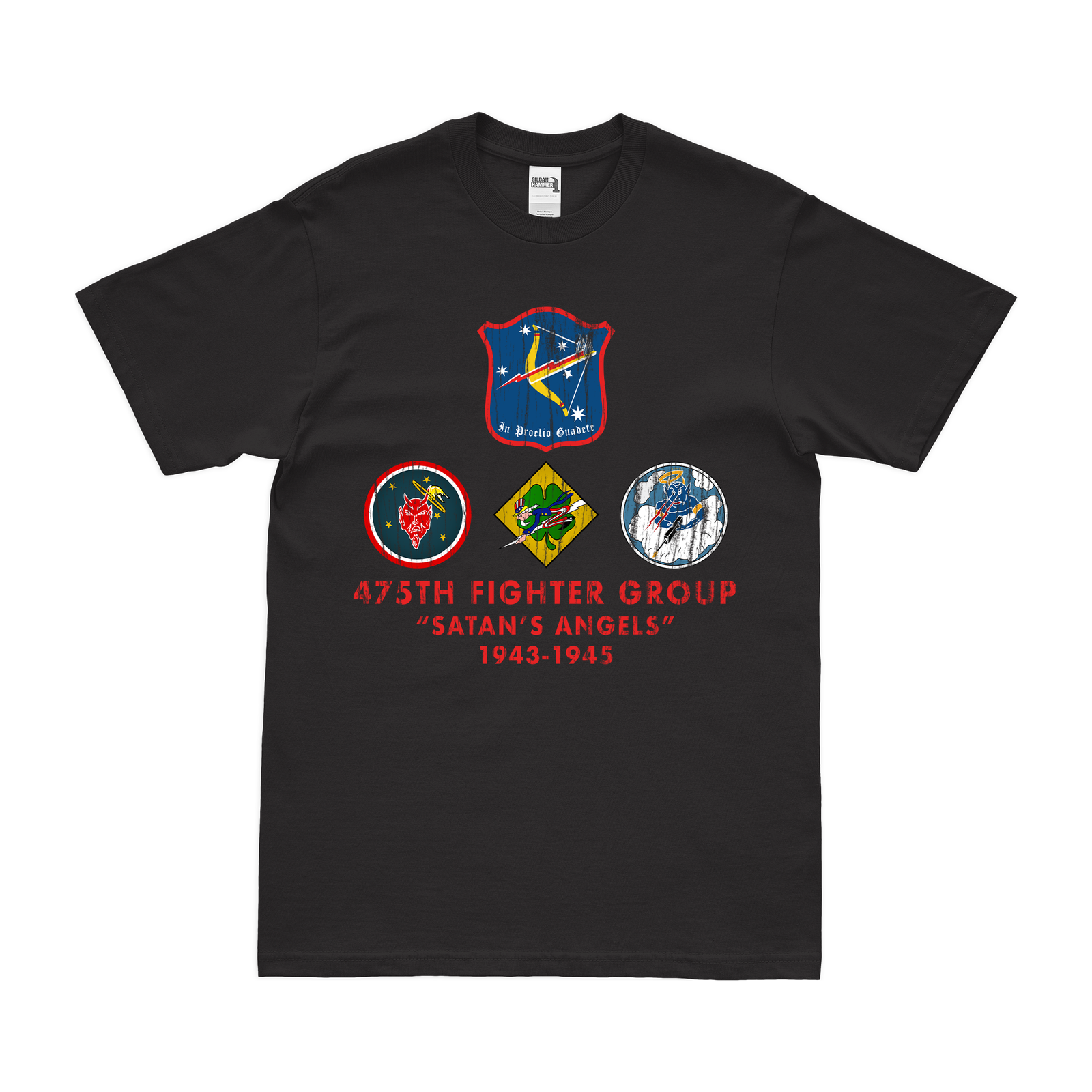475th Fighter Group WW2 Squadron Legacy T-Shirt Tactically Acquired Black Distressed Small