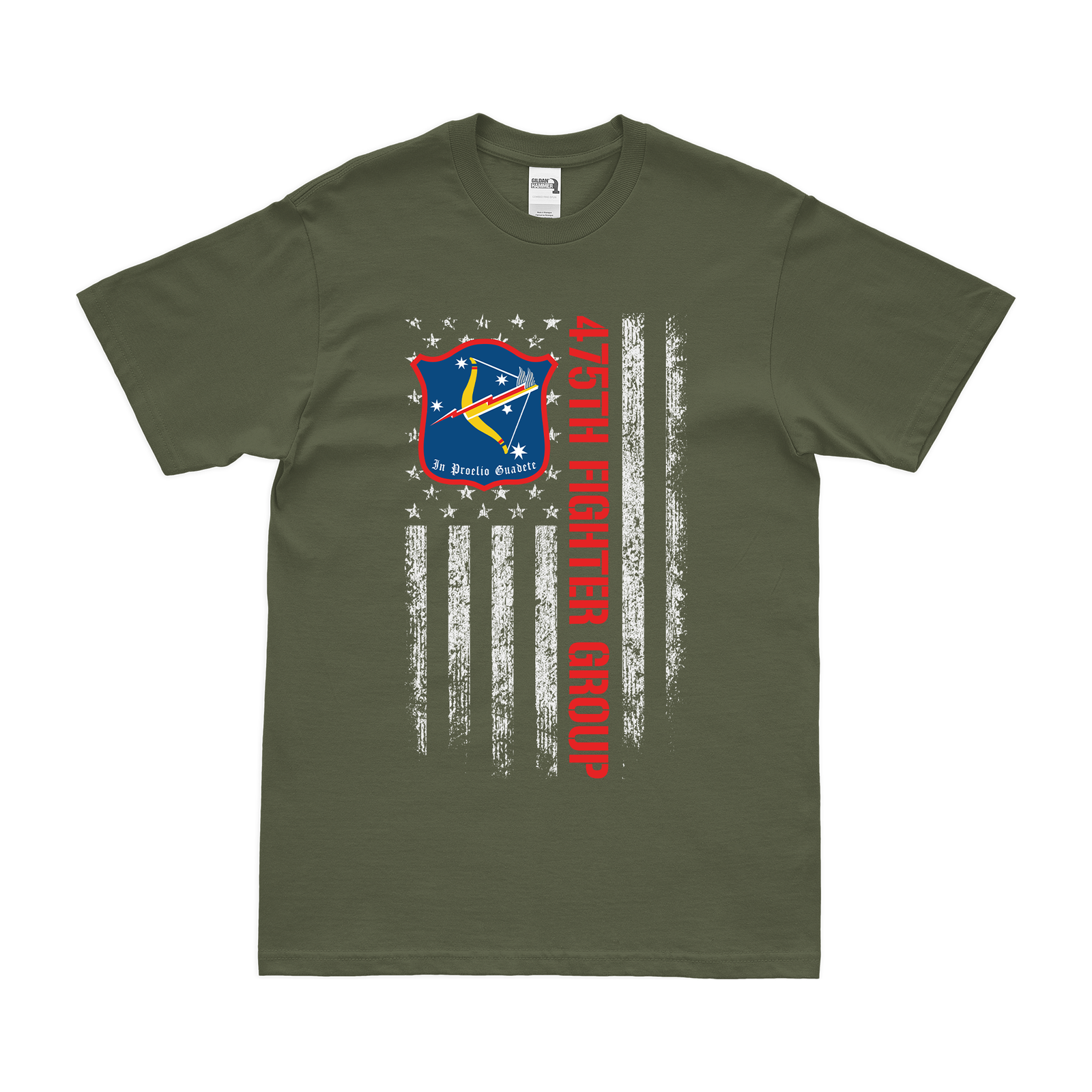 475th Fighter Group WW2 American Flag T-Shirt Tactically Acquired Military Green Clean Small
