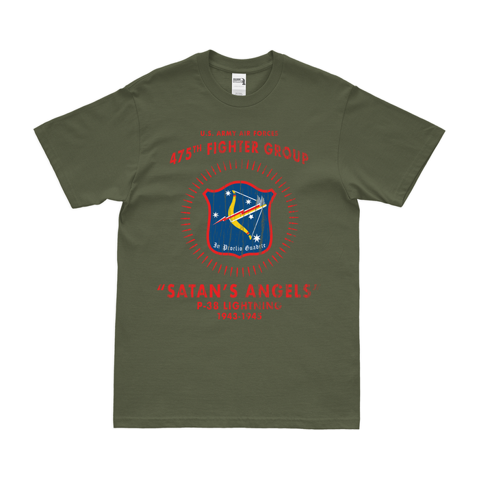 475th Fighter Group 'Satan's Angels' WW2 Legacy T-Shirt Tactically Acquired Military Green Distressed Small