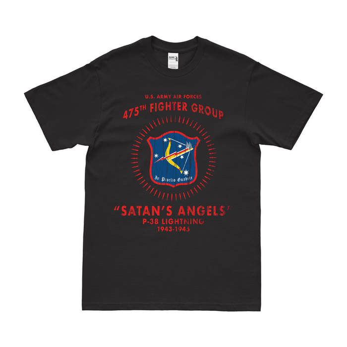 475th Fighter Group 'Satan's Angels' WW2 Legacy T-Shirt Tactically Acquired Black Distressed Small