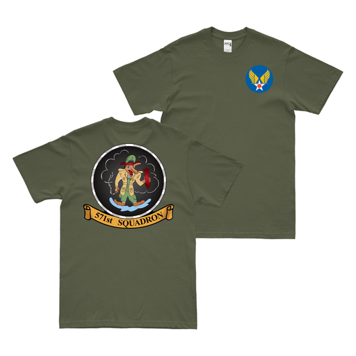 Double-Sided 571st Bomb Squadron WW2 AAF T-Shirt Tactically Acquired Military Green Clean Small