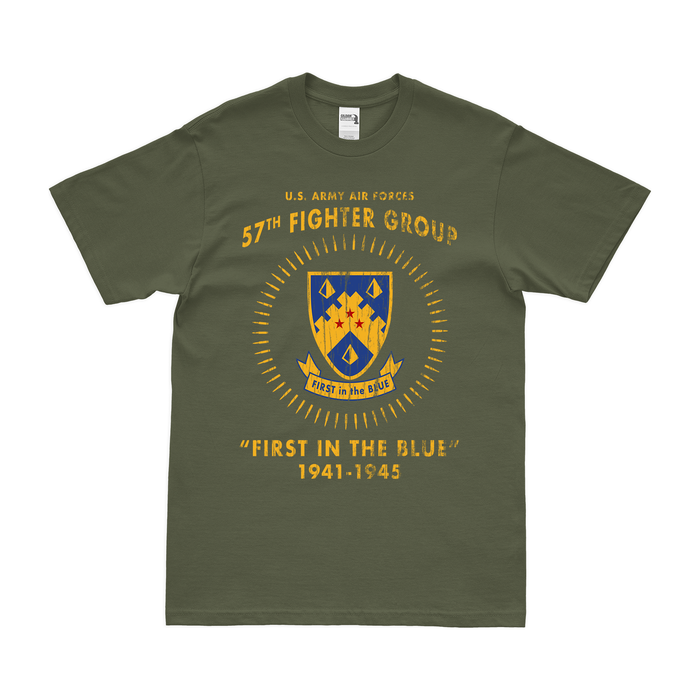 57th Fighter Group WW2 Legacy T-Shirt Tactically Acquired Military Green Distressed Small