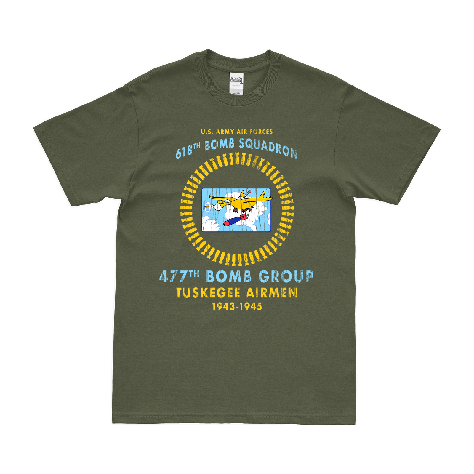 618th Bomb Squadron Tuskegee Airmen WW2 Legacy T-Shirt Tactically Acquired Military Green Distressed Small