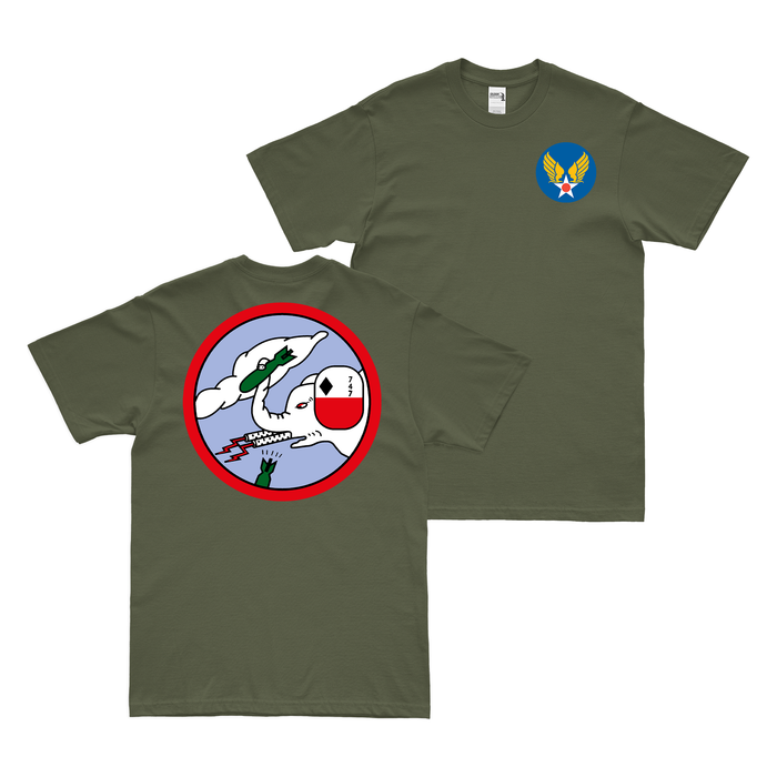 Double-Sided 747th Bomb Squadron WW2 AAF T-Shirt Tactically Acquired Military Green Clean Small