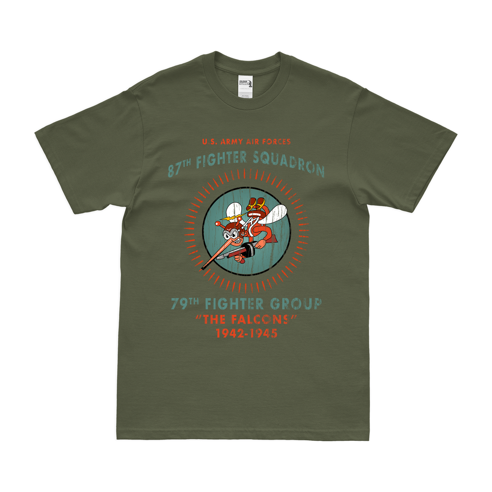 87th Fighter Squadron WW2 Tribute Legacy T-Shirt Tactically Acquired Military Green Distressed Small