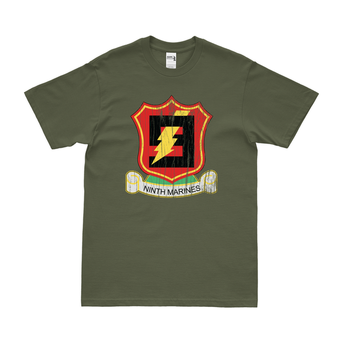 9th Marine Regiment Unit Emblem T-Shirt Tactically Acquired Military Green Distressed Small