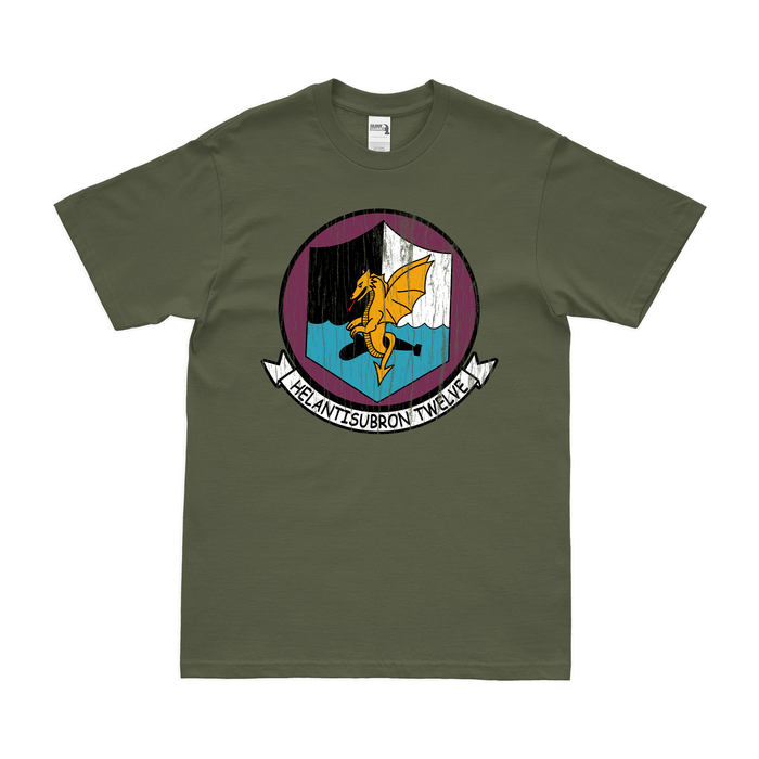 Helicopter Anti-Submarine Squadron 12 (HS-12) T-Shirt Tactically Acquired Military Green Distressed Small