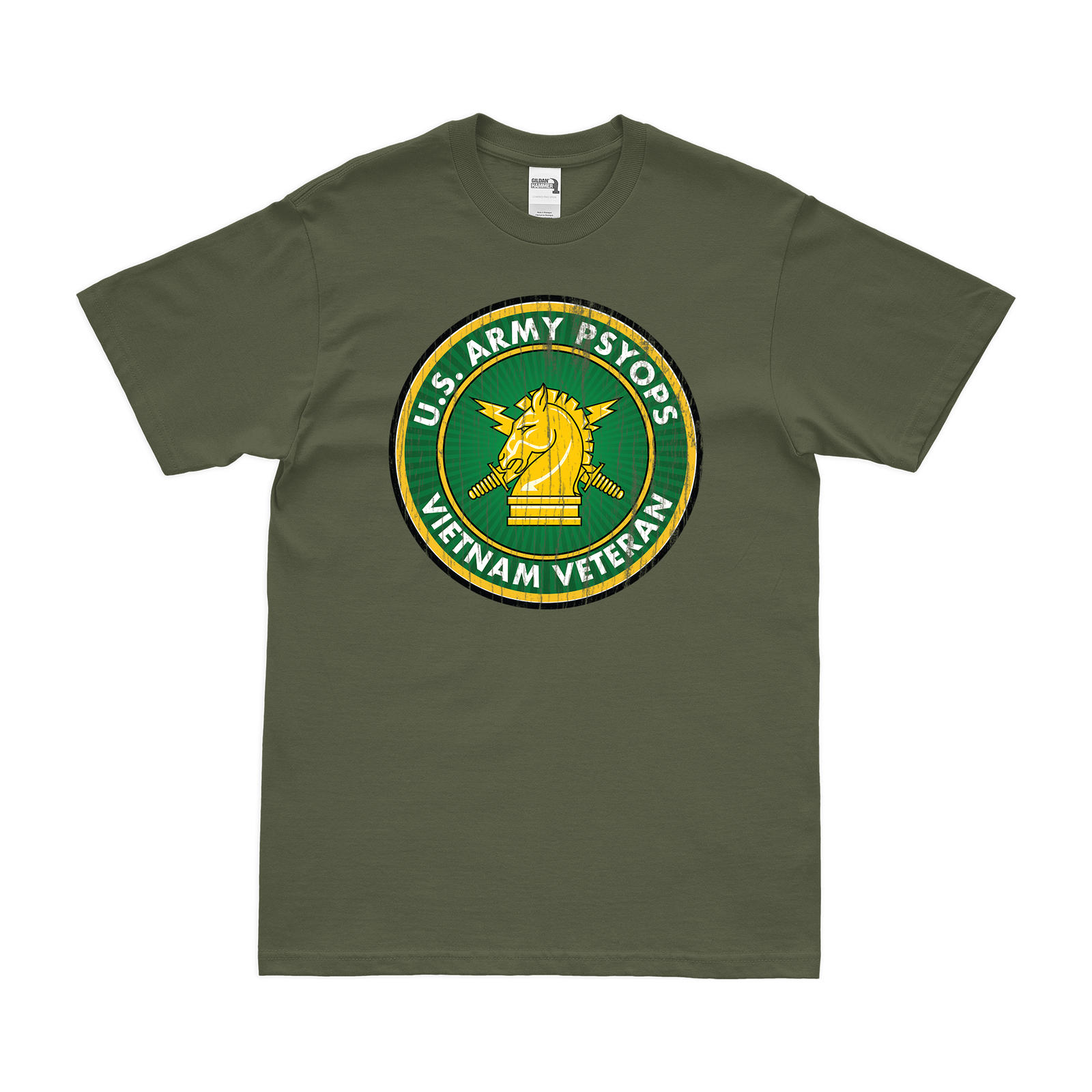 U.S. Army PSYOPS Vietnam Veteran T-Shirt Tactically Acquired Military Green Distressed Small