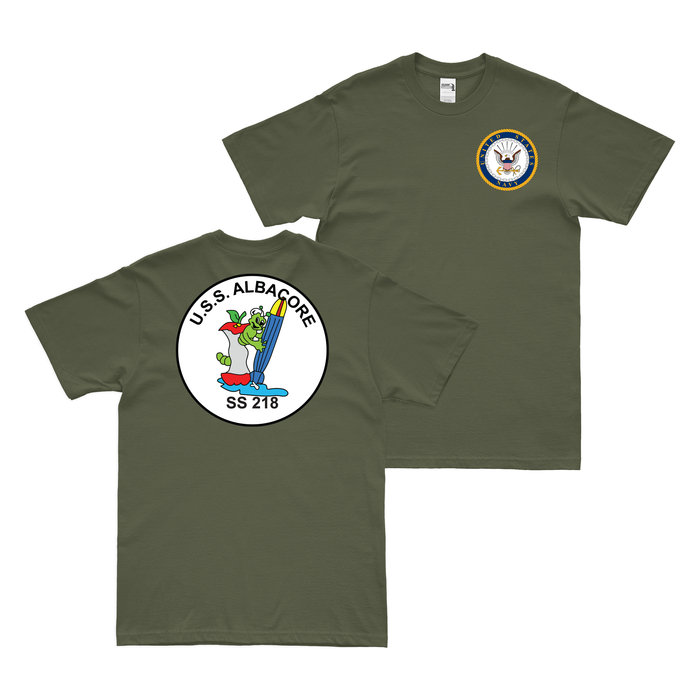 Double-Sided USS Albacore (SS-218) T-Shirt Tactically Acquired Military Green Clean Small