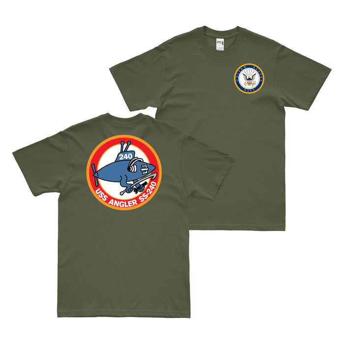 Double-Sided USS Angler (SS-240) T-Shirt Tactically Acquired Military Green Clean Small