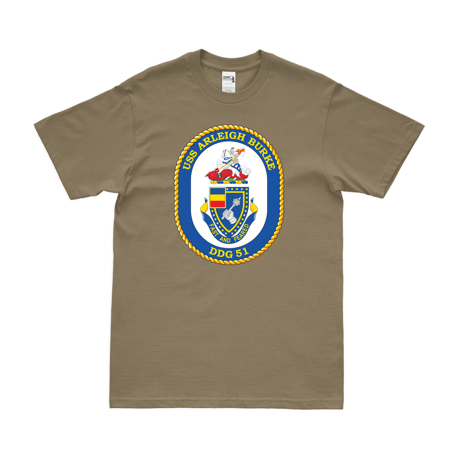 USS Arleigh Burke (DDG-51) Logo Emblem T-Shirt Tactically Acquired Coyote Brown Small 