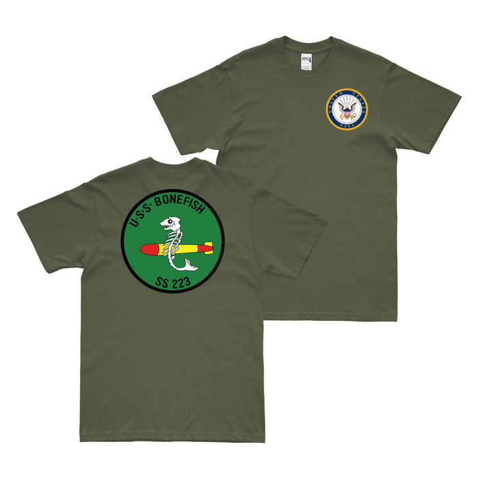 Double-Sided USS Bonefish (SS-223) T-Shirt Tactically Acquired Military Green Clean Small
