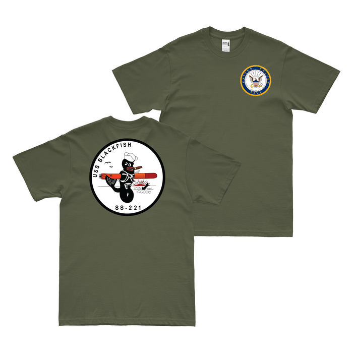 Double-Sided USS Blackfish (SS-221) T-Shirt Tactically Acquired Military Green Clean Small