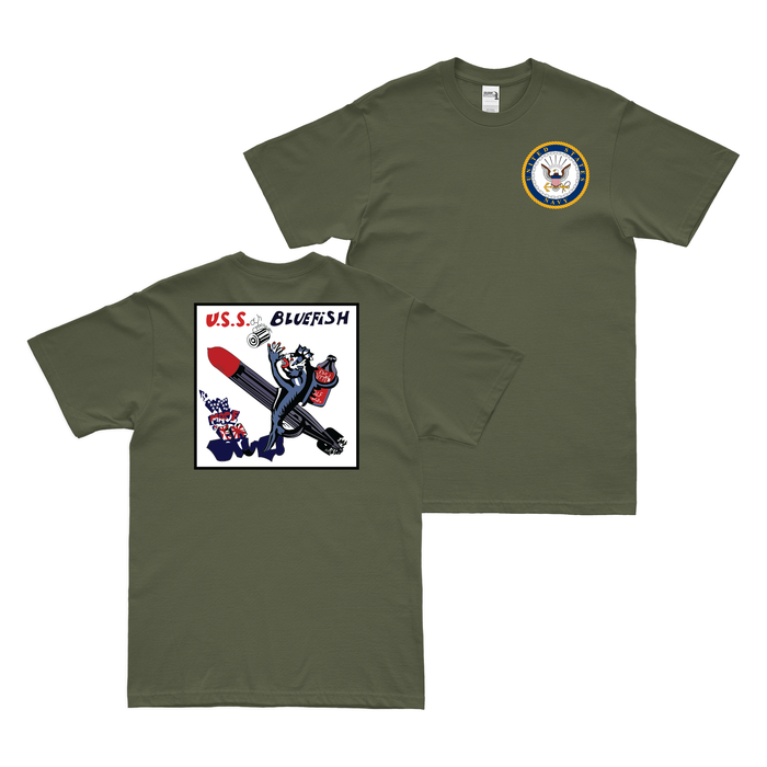 Double-Sided USS Bluefish (SS-222) T-Shirt Tactically Acquired Military Green Clean Small