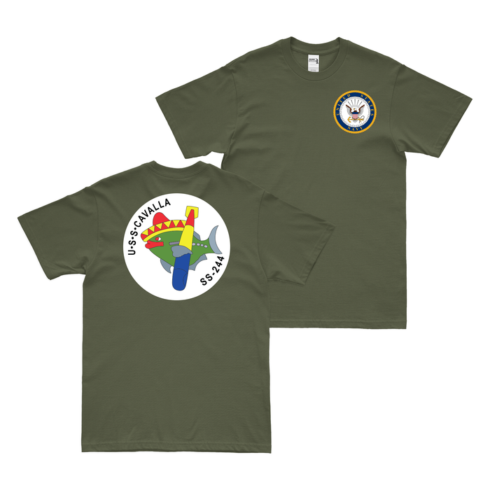 Double-Sided USS Cavalla (SS-244) T-Shirt Tactically Acquired Military Green Clean Small