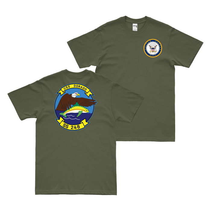 Double-Sided USS Dorado (SS-248) Gato-class Submarine T-Shirt Tactically Acquired Military Green Clean Small