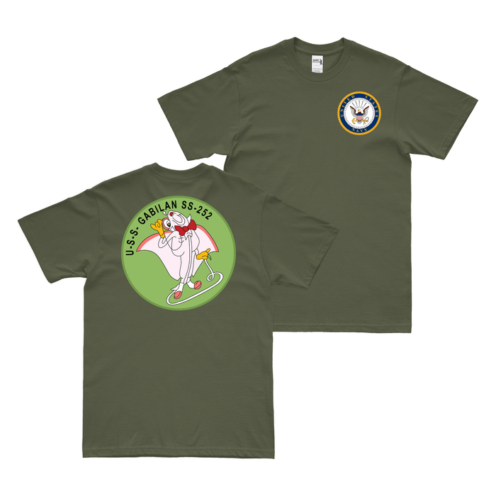 Double-Sided USS Gabilan (SS-252) Gato-class Submarine T-Shirt Tactically Acquired Military Green Clean Small