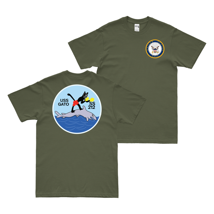 Double-Sided USS Gato (SS-212) Gato-class Submarine T-Shirt Tactically Acquired Military Green Clean Small