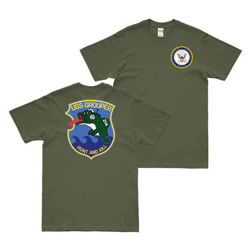 Double-Sided USS Grouper (SS-214) Gato-class Submarine T-Shirt Tactically Acquired Military Green Clean Small