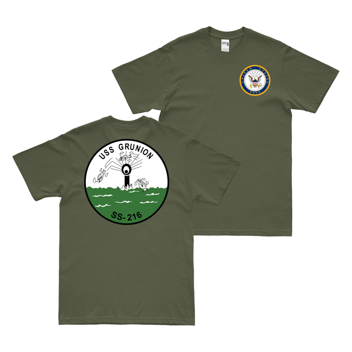 Double-Sided USS Grunion (SS-216) Gato-class Submarine T-Shirt Tactically Acquired Military Green Clean Small