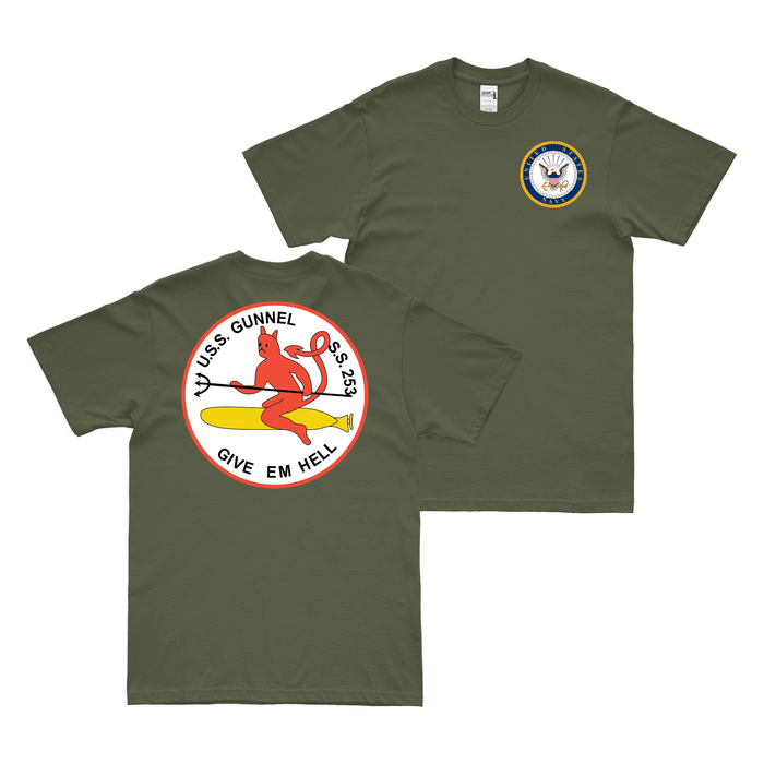 Double-Sided USS Gunnel (SS-253) Gato-class Submarine T-Shirt Tactically Acquired Military Green Clean Small