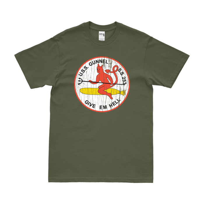 USS Gunnel (SS-253) Gato-class Submarine T-Shirt Tactically Acquired Military Green Distressed Small