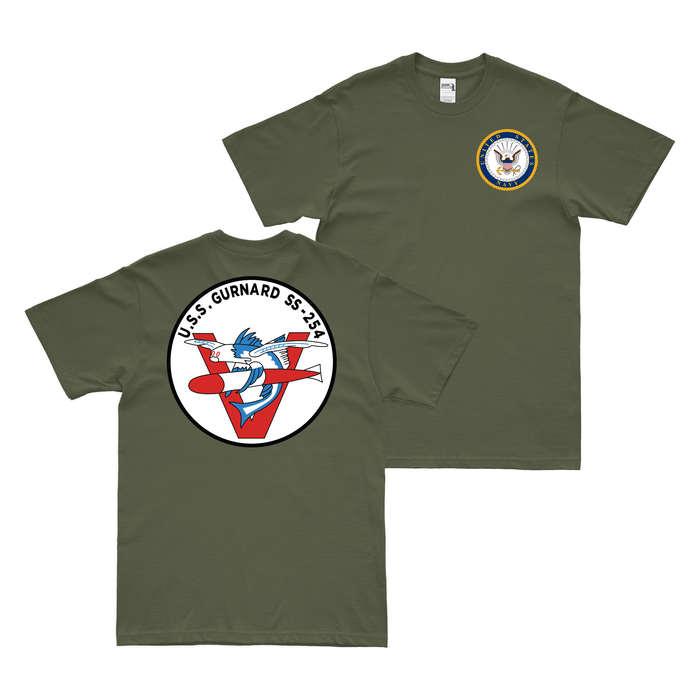 Double-Sided USS Gurnard (SS-254) Gato-class Submarine T-Shirt Tactically Acquired Military Green Clean Small