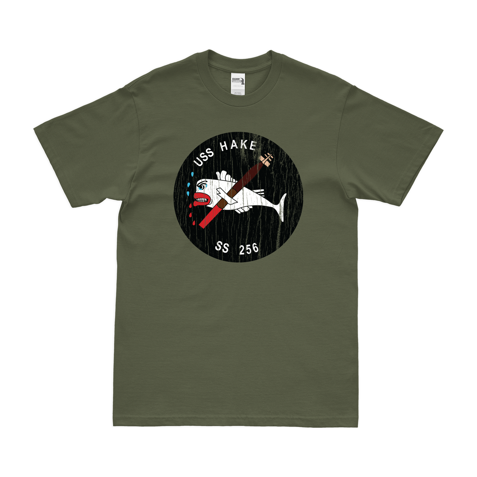 USS Hake (SS-256) Gato-class Submarine T-Shirt Tactically Acquired Military Green Distressed Small