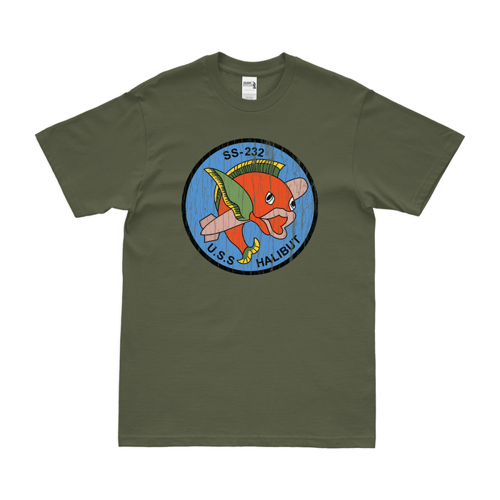 USS Halibut (SS-232) Gato-class Submarine T-Shirt Tactically Acquired Military Green Distressed Small