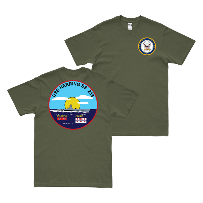 Double-Sided USS Herring (SS-233) Gato-class Submarine T-Shirt Tactically Acquired Military Green Clean Small