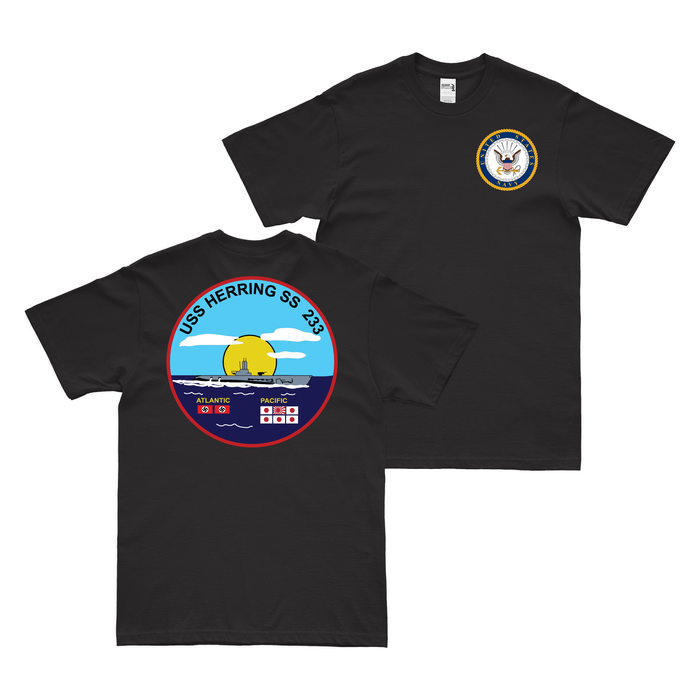 Double-Sided USS Herring (SS-233) Gato-class Submarine T-Shirt Tactically Acquired Black Clean Small