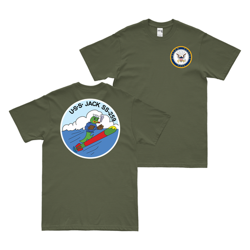 Double-Sided USS Jack (SS-259) Gato-class Submarine T-Shirt Tactically Acquired Military Green Clean Small