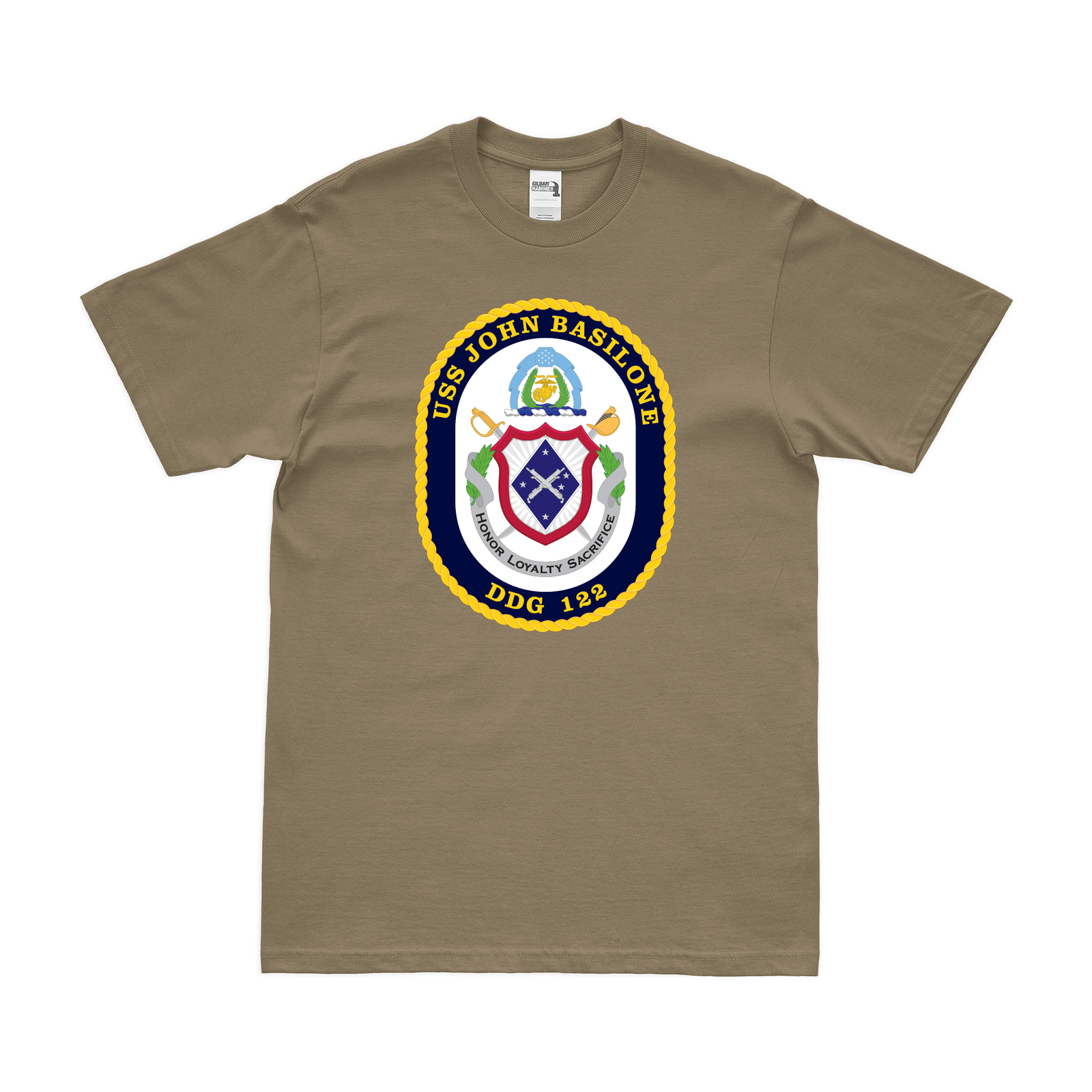 USS John Basilone (DDG-122) Logo Emblem T-Shirt Tactically Acquired Small Coyote Brown 