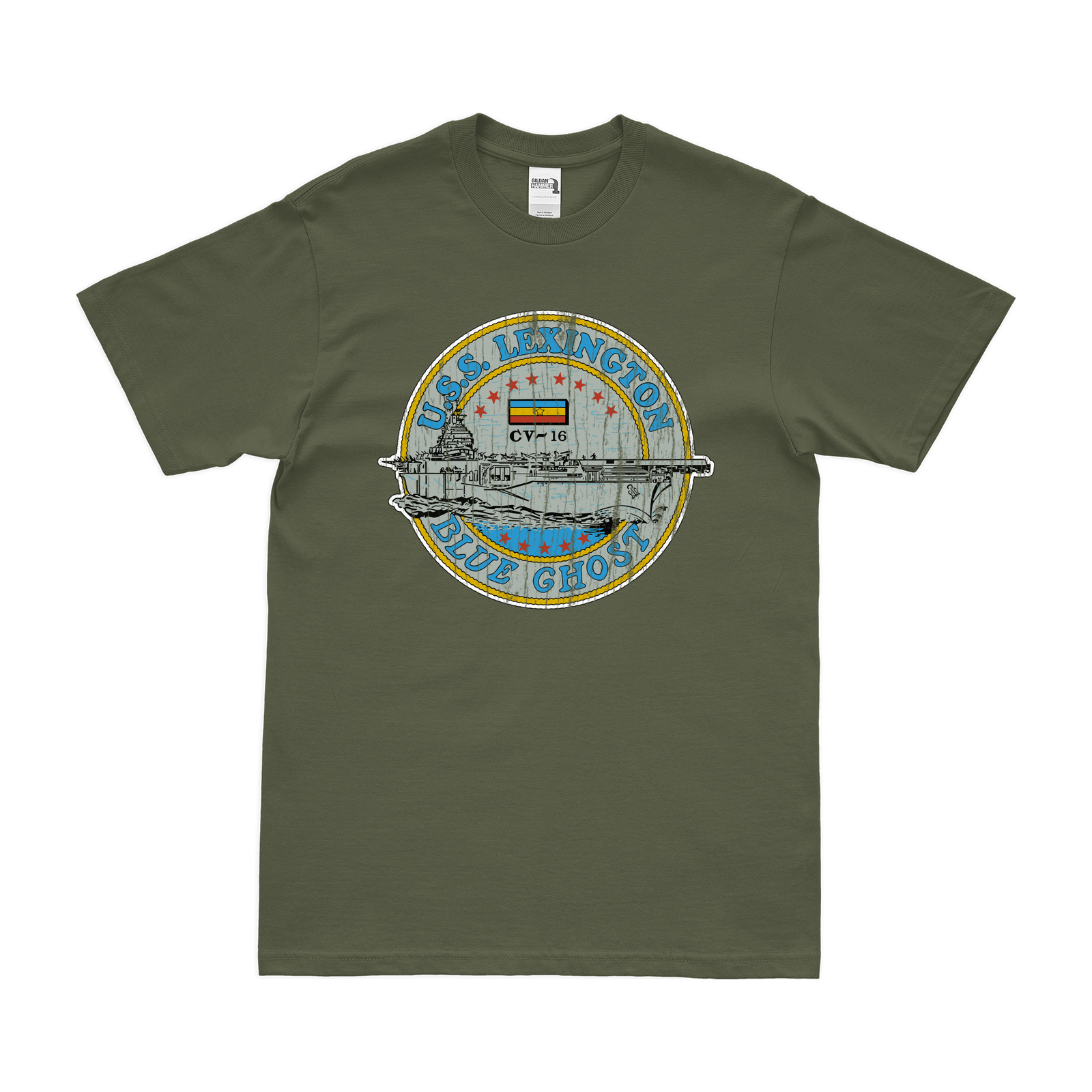 USS Lexington (CV-16) T-Shirt Tactically Acquired Military Green Distressed Small