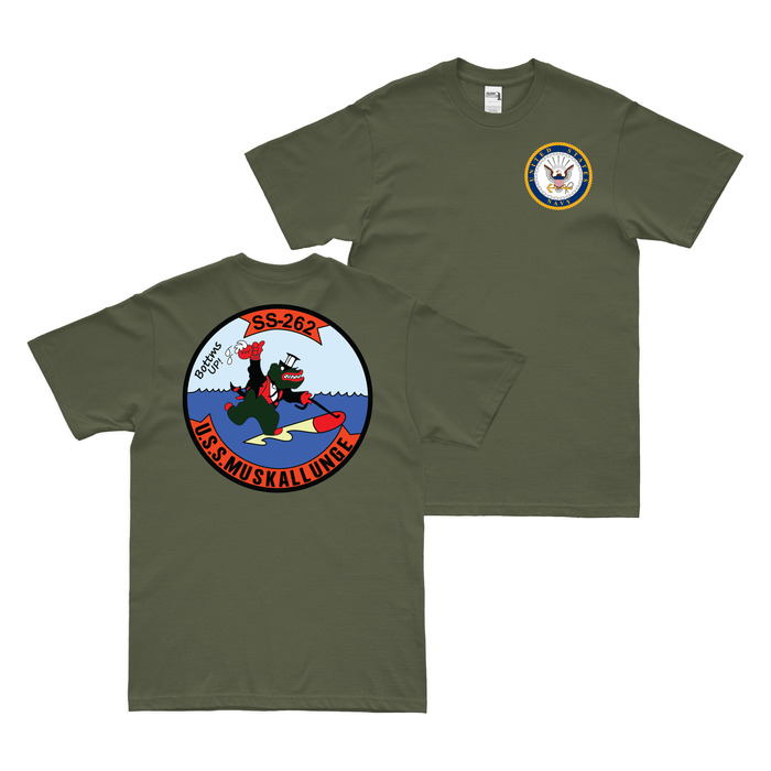 Double-Sided USS Muskallunge (SS-262) Gato-class Submarine T-Shirt Tactically Acquired Military Green Clean Small
