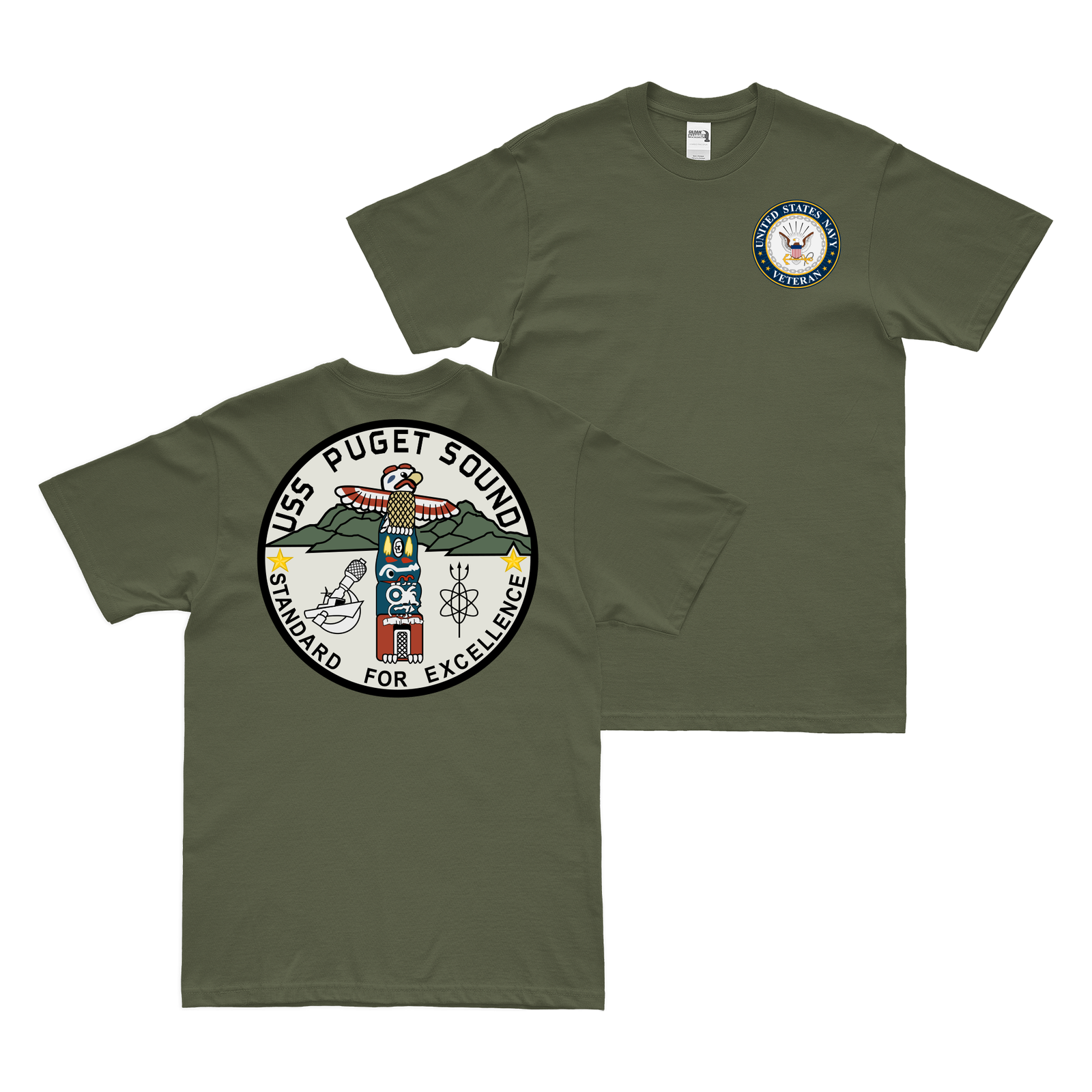 Double-Sided USS Puget Sound (AD-38) Veteran T-Shirt Tactically Acquired Military Green Clean Small