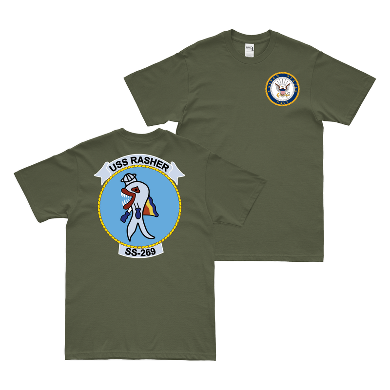 Double-Sided USS Rasher (SS-269) Gato-class Submarine T-Shirt