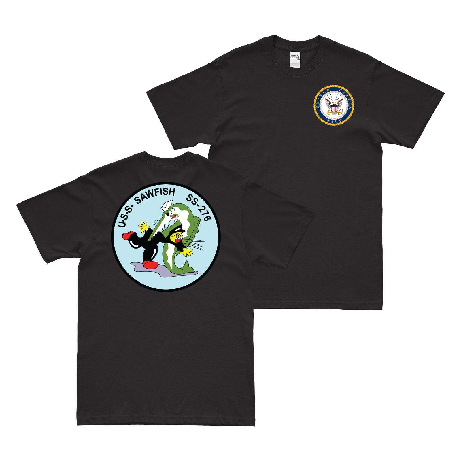 Double-Sided USS Sawfish (SS-276) Gato-class Submarine T-Shirt Tactically Acquired Black Clean Small