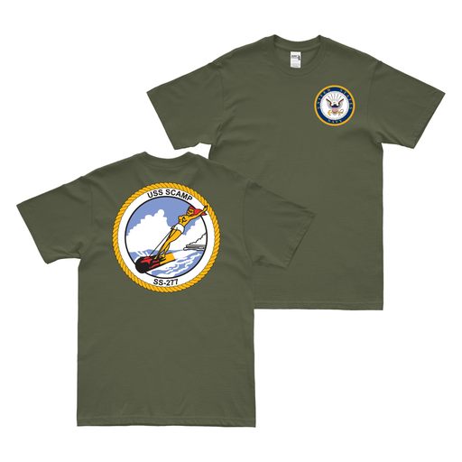 Double-Sided USS Scamp (SS-277) Gato-class Submarine T-Shirt Tactically Acquired Military Green Clean Small