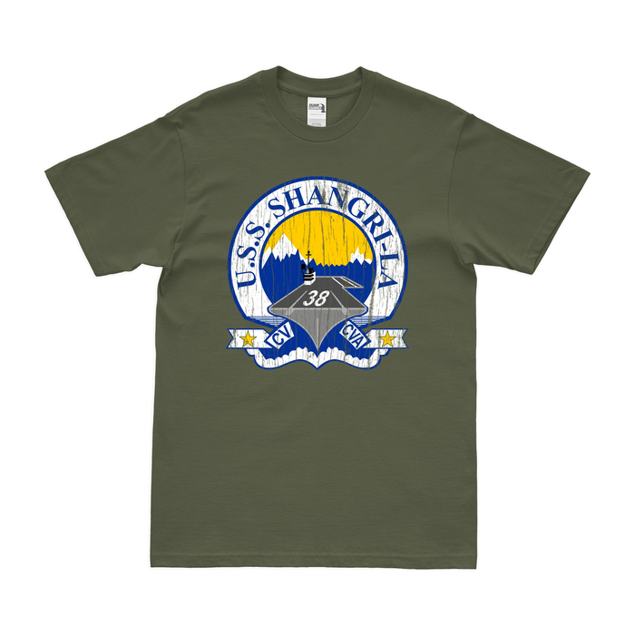 USS Shangri-La (CV-38) T-Shirt Tactically Acquired Military Green Distressed Small