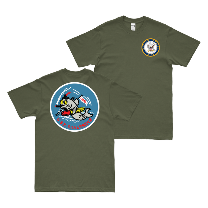 Double-Sided USS Silversides (SS-236) Gato-class Submarine T-Shirt Tactically Acquired Military Green Clean Small
