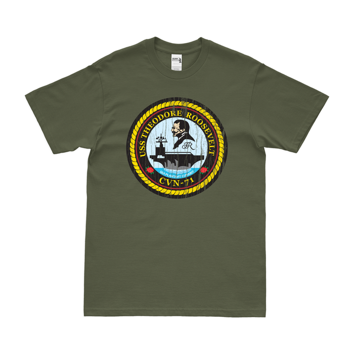 USS Theodore Roosevelt (CVN-71) T-Shirt Tactically Acquired Military Green Distressed Small