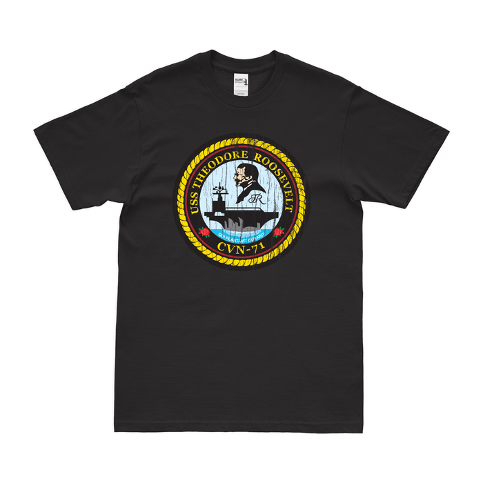 USS Theodore Roosevelt (CVN-71) T-Shirt Tactically Acquired Black Distressed Small