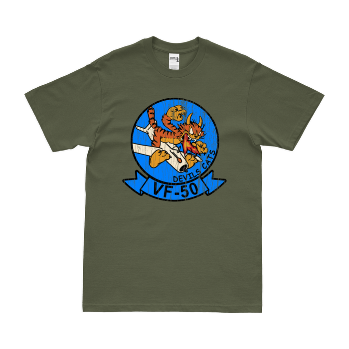 U.S. Navy Fighter Squadron 50 (VF-50) T-Shirt Tactically Acquired Military Green Distressed Small