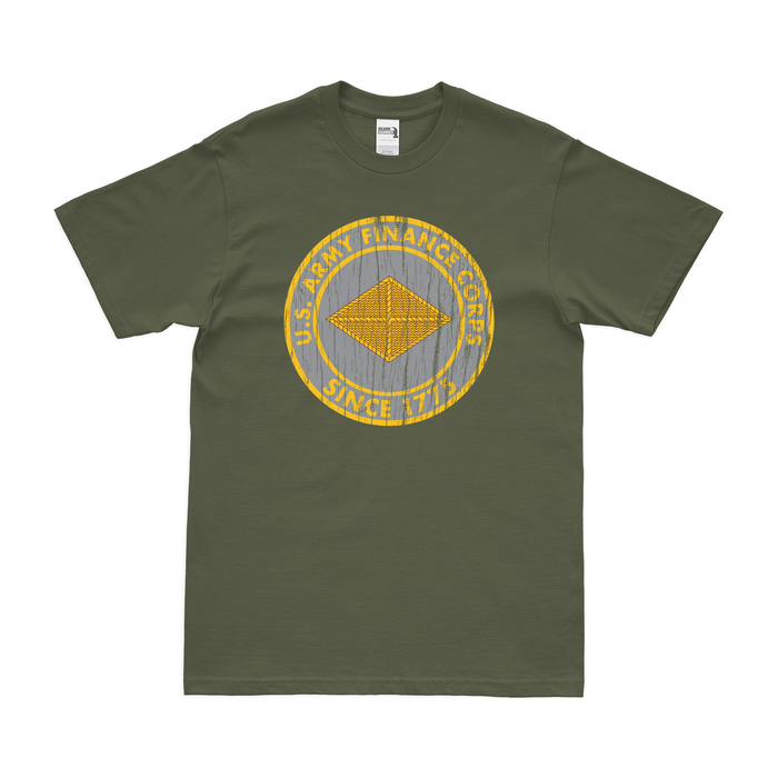 U.S. Army Finance Corps Since 1775 Emblem T-Shirt Tactically Acquired Military Green Distressed Small