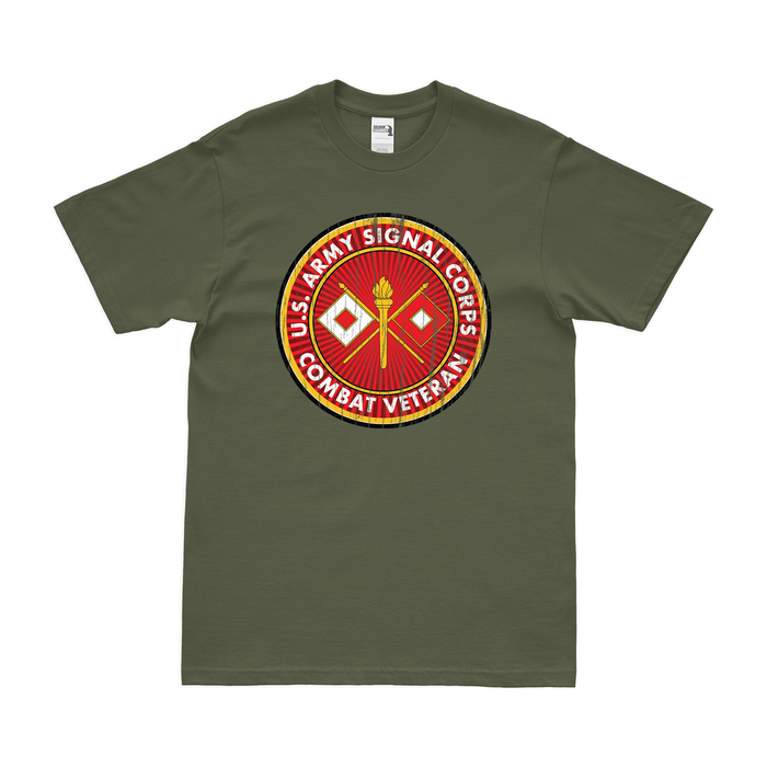 U.S. Army Signal Corps Combat Veteran T-Shirt Tactically Acquired Military Green Distressed Small