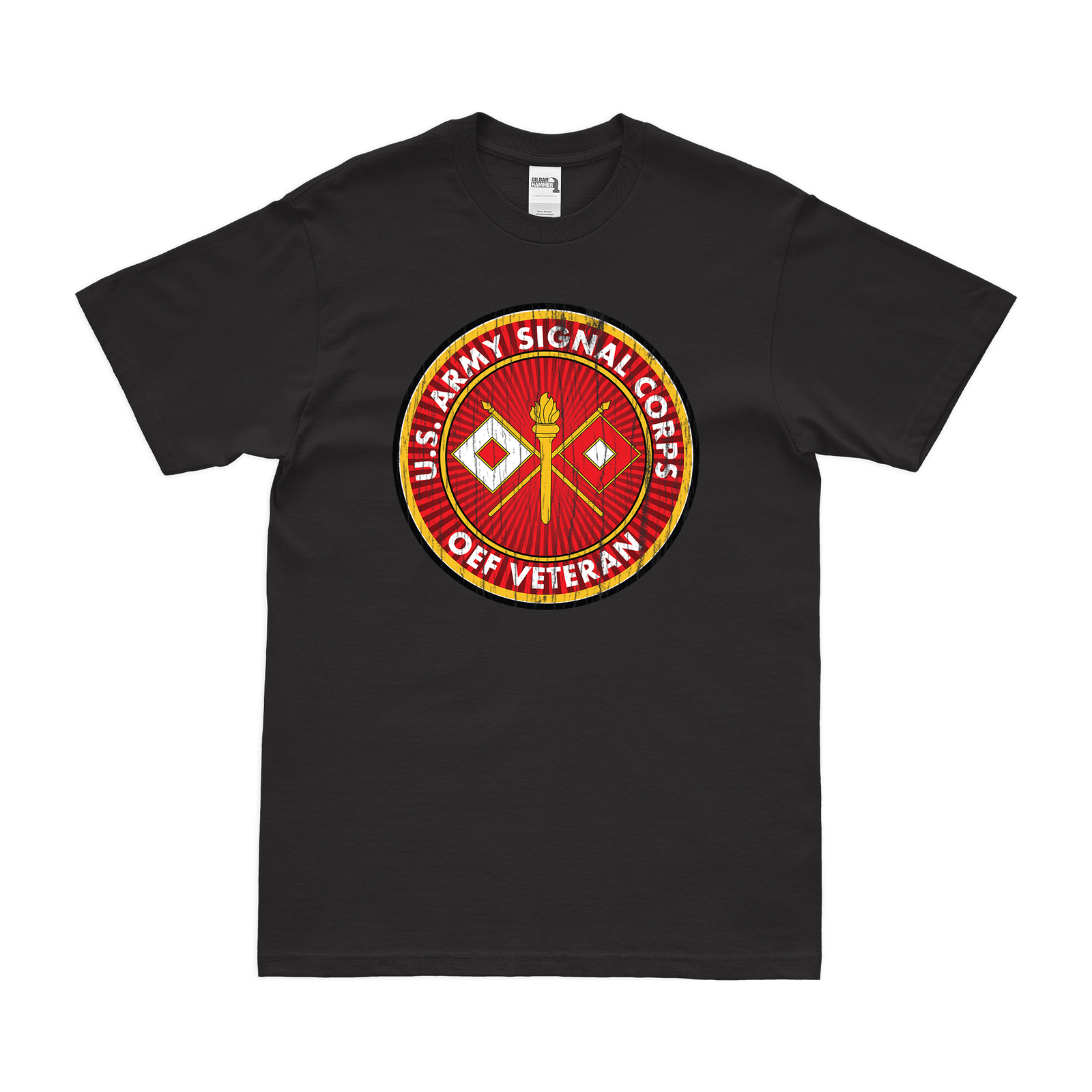 U.S. Army Signal Corps OEF Veteran T-Shirt Tactically Acquired Black Distressed Small