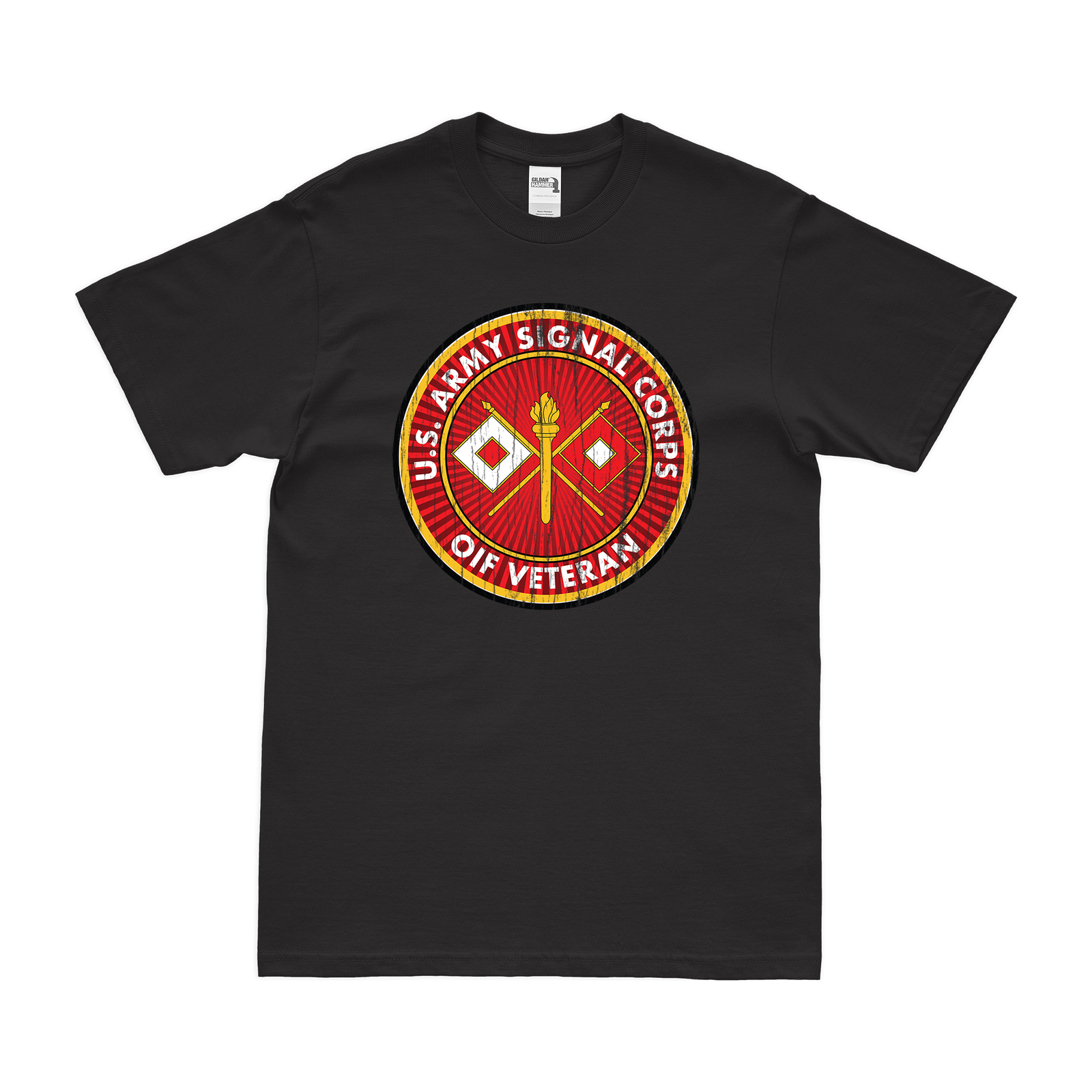 U.S. Army Signal Corps OIF Veteran T-Shirt Tactically Acquired Black Distressed Small